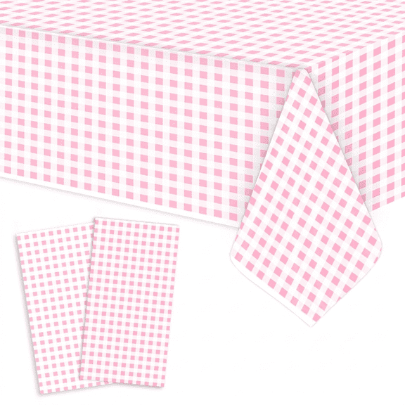 3 Piece Premium Rectangular Plaid Pink Plastic Tablecloth 54 inches x 108 inches