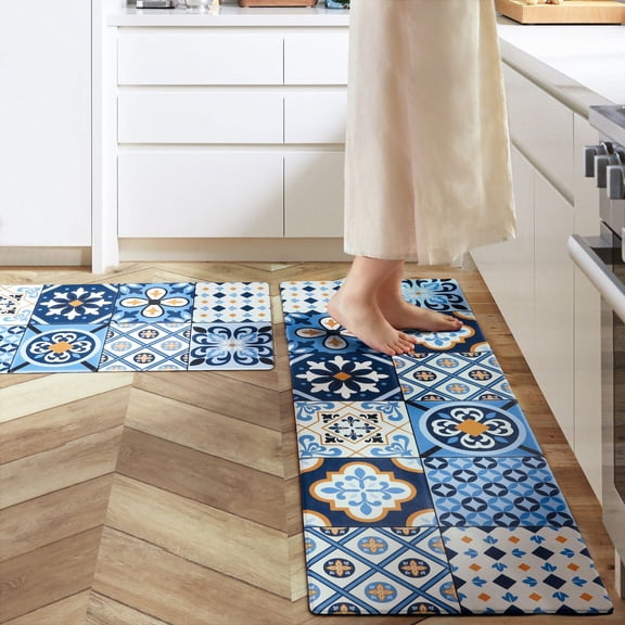 Phantoscope Leather Print Kitchen Mats, Cushioned Anti-Fatigue Floor Rugs, Non-Slip Waterproof, Blue, Set of 2, 17 x 47 in and 17 x 29 in