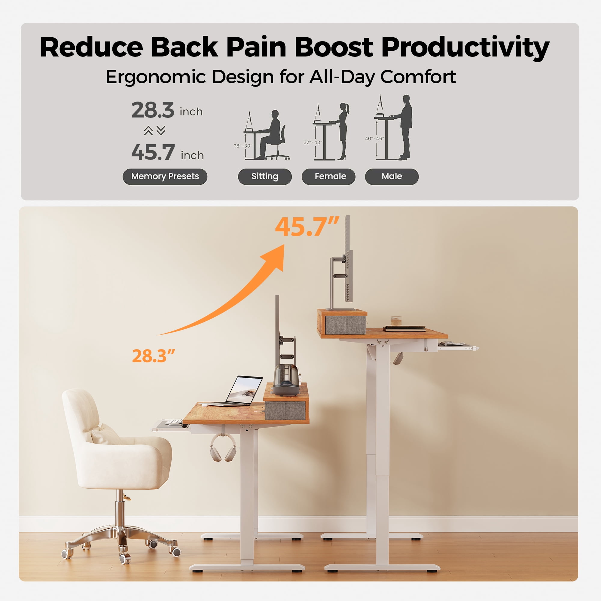 47.2 Inch Electric Standing Desk with 2 Drawers & Keyboard Tray, Adjustable Home Office Desk Ergonomic Sit to Stand Computer Desk with Hooks for Gaming & Work,Light Rustic Brown