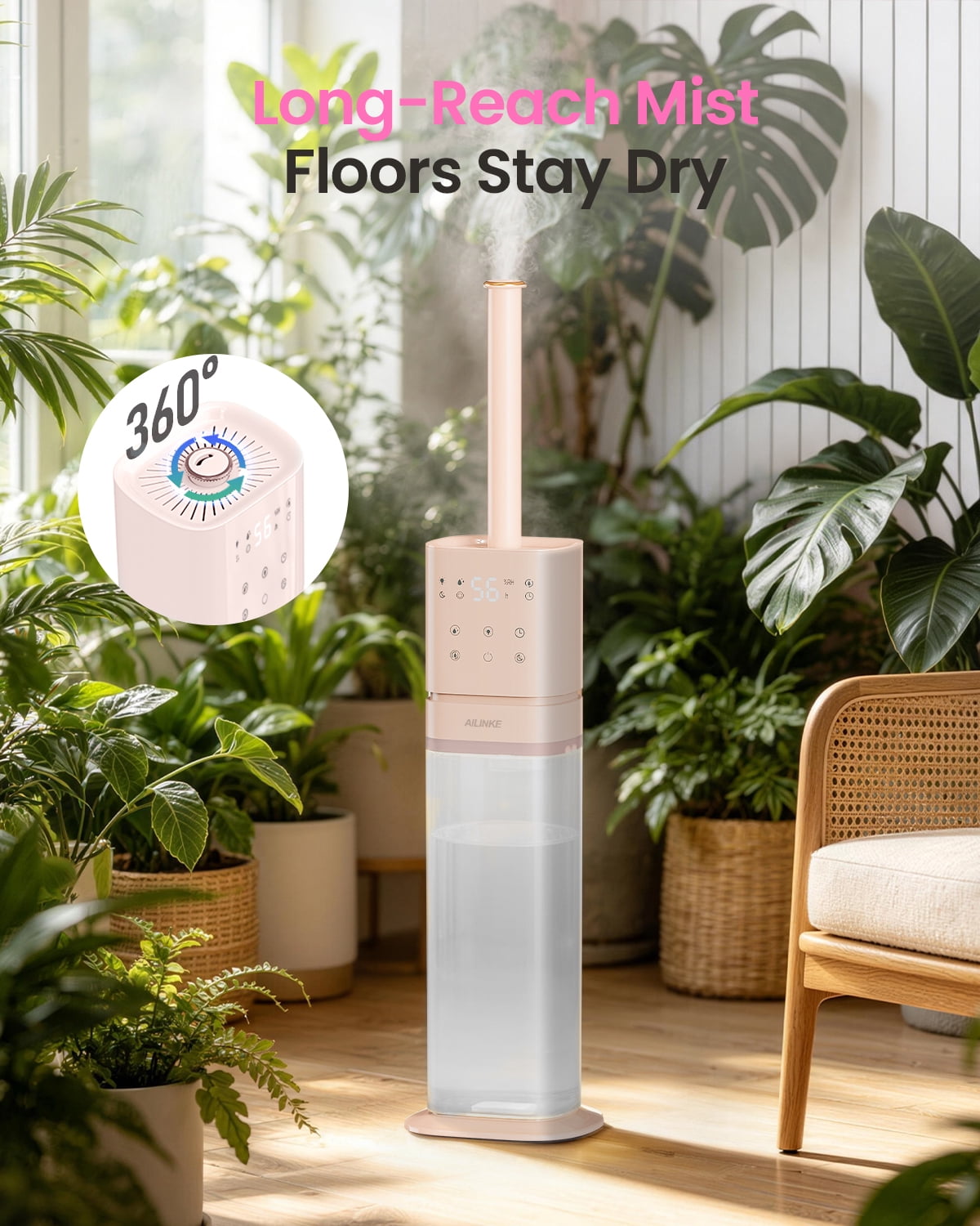 Smart Humidifier Large Room, 2.1Gal/8L Humidifiers for Bedroom with Extended Tube&Night Light, Whole House Cool Mist Humidifiers, WIFI App&Voice Control, School/Office/Warehouse, Pale Pink