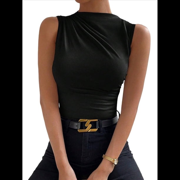 Camiseta de Cuello Alto Sin Mangas, Plisada, de Color Liso, A para Mujer Negro L
