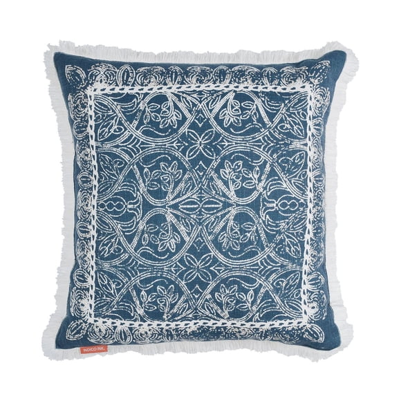 Indigo Ink – Almohada decorativa con forma de medallón con flecos para sofá o cama, decoración bohemia del hogar, 20.0 x 20.0 in (colección de mezclilla blanca, azul marino)