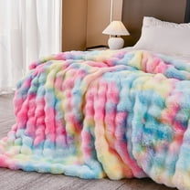 WOOW DEPOT Thick Faux Rabbit Fur Blanket Fleece Reversible, 1 PCS Twin Full 70.9" x 78.7", 6 lb Heavy, Soft Warm Mink Throw Luxurious Plush, Rainbow Gradient