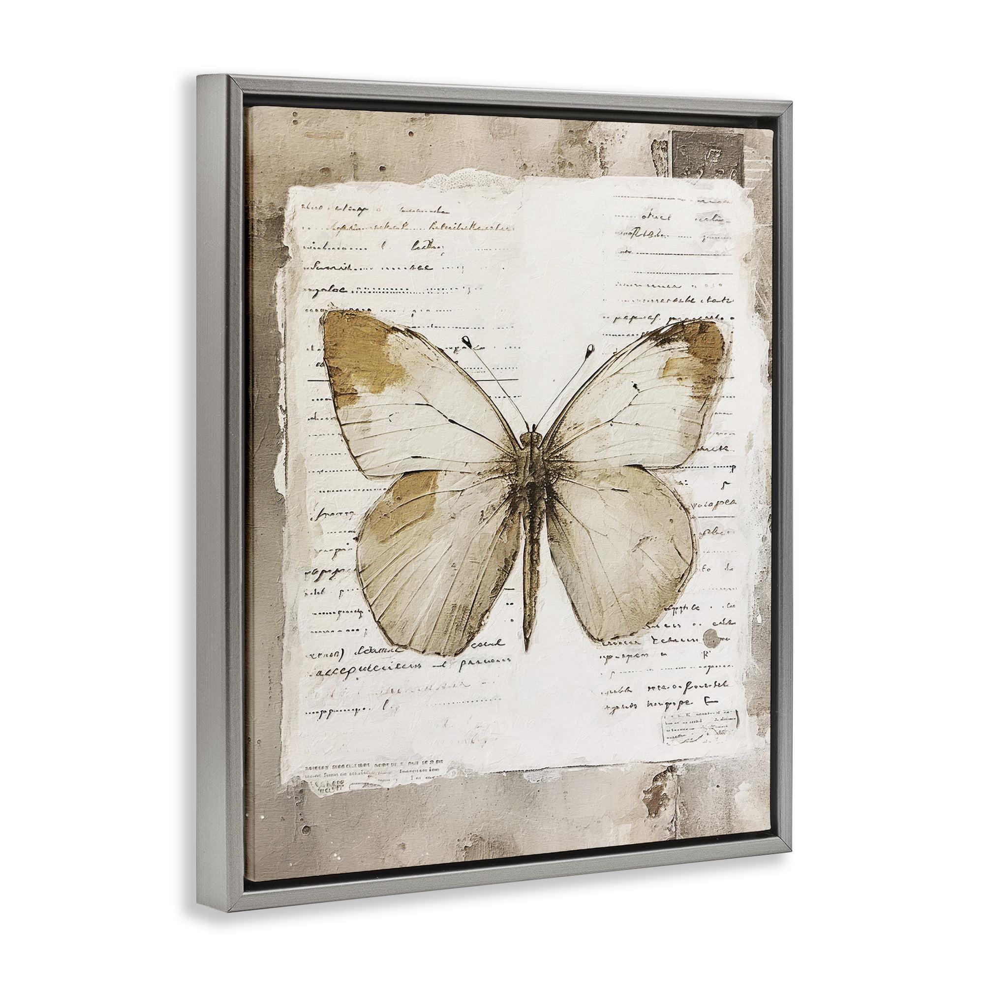 Stupell Industries Rustic Butterfly Collage Animals Painting Gray Floater Framed Canvas Art Print Wall Art, 17 x 21