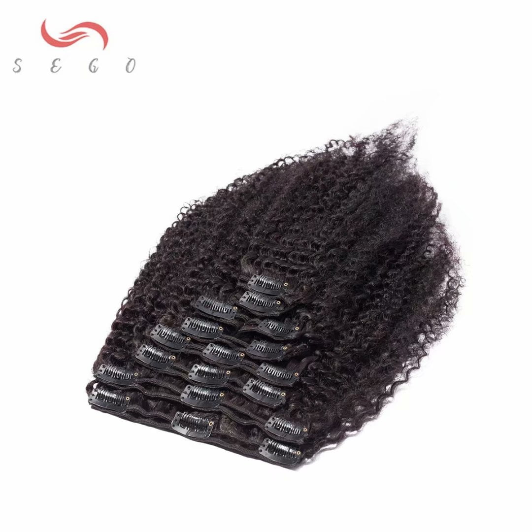 SEGO Kinky Curly Clip in Real Human Hair Extensions Double Weft Remy Full Head Thick Hair Extensions for Women