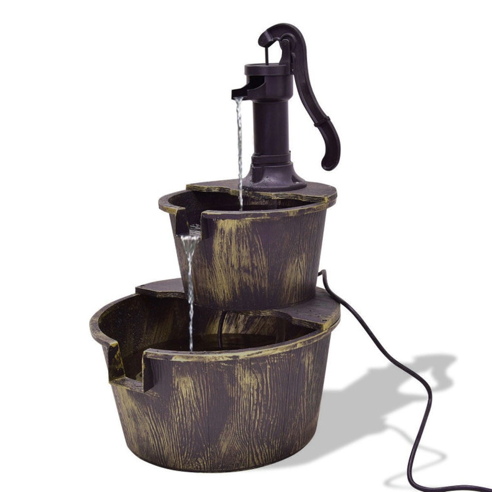 GVN 2 Tiers Outdoor Barrel Waterfall Fountain with Pump