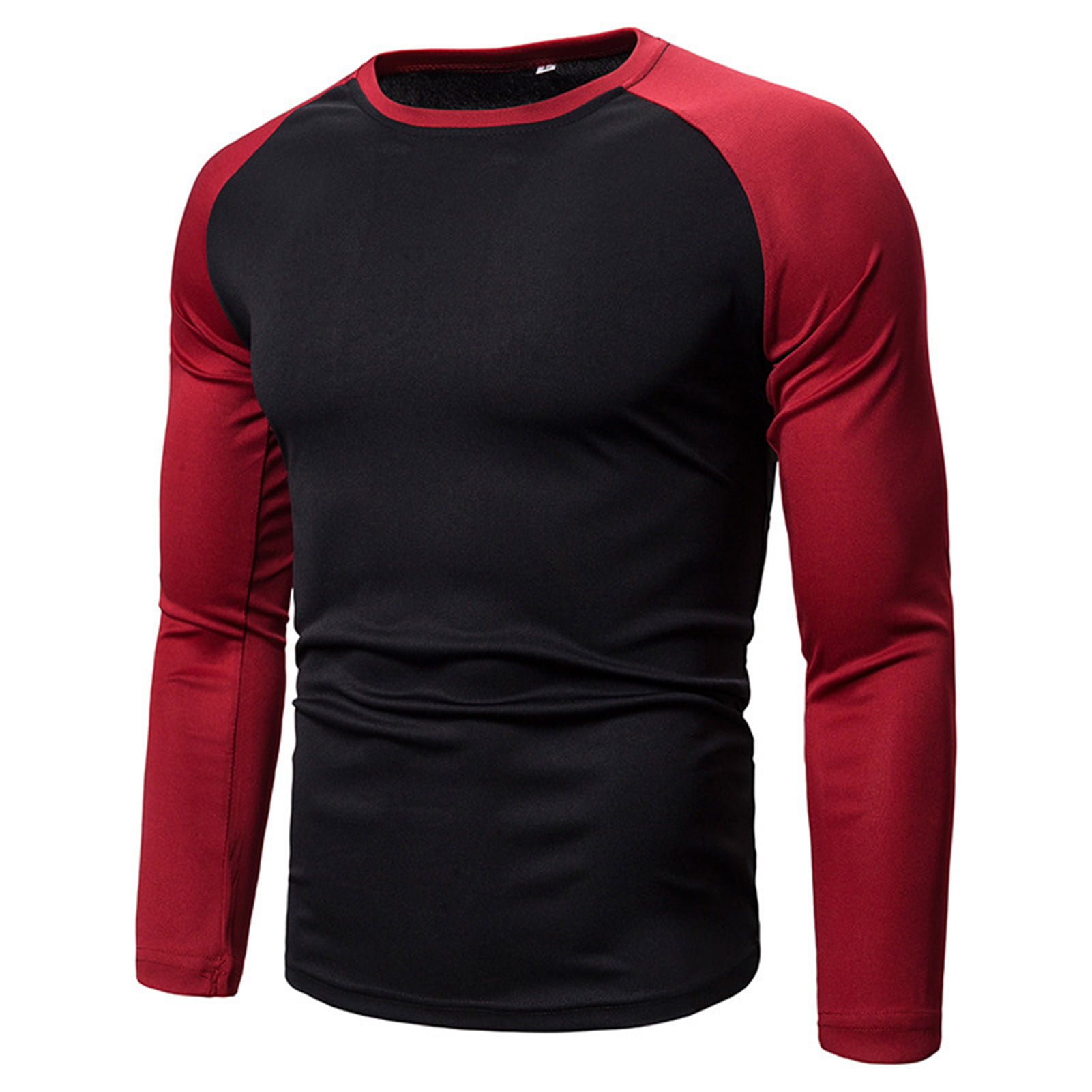 Mens Long Sleeve Round Neck Pullover Color Block Patchwork T Shirt Tops 