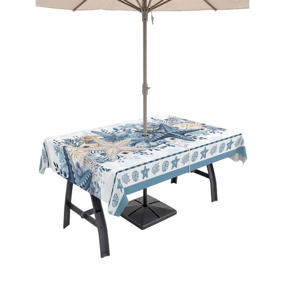 Outdoor Tablecloth with Umbrella Hole for Patio/Picnic/Party/Camping, Blue Starfish Coastal Waterproof Table Cloth Rectangle Table Cover Washable, Ocean Beach Coral Nautical Botanical (60"x 84")