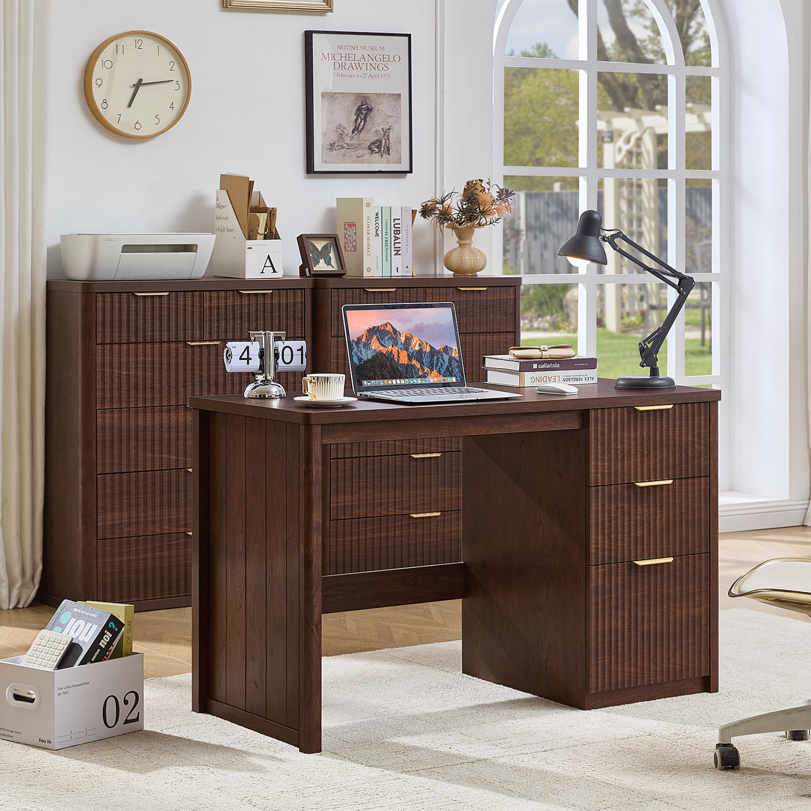 Joaxswe 48" Computer Desk with Drawer, Modern Home Office Desk with Storage Cabinet, Fluted PC Study Writing Desk for Office, Bedroom, Walnut
