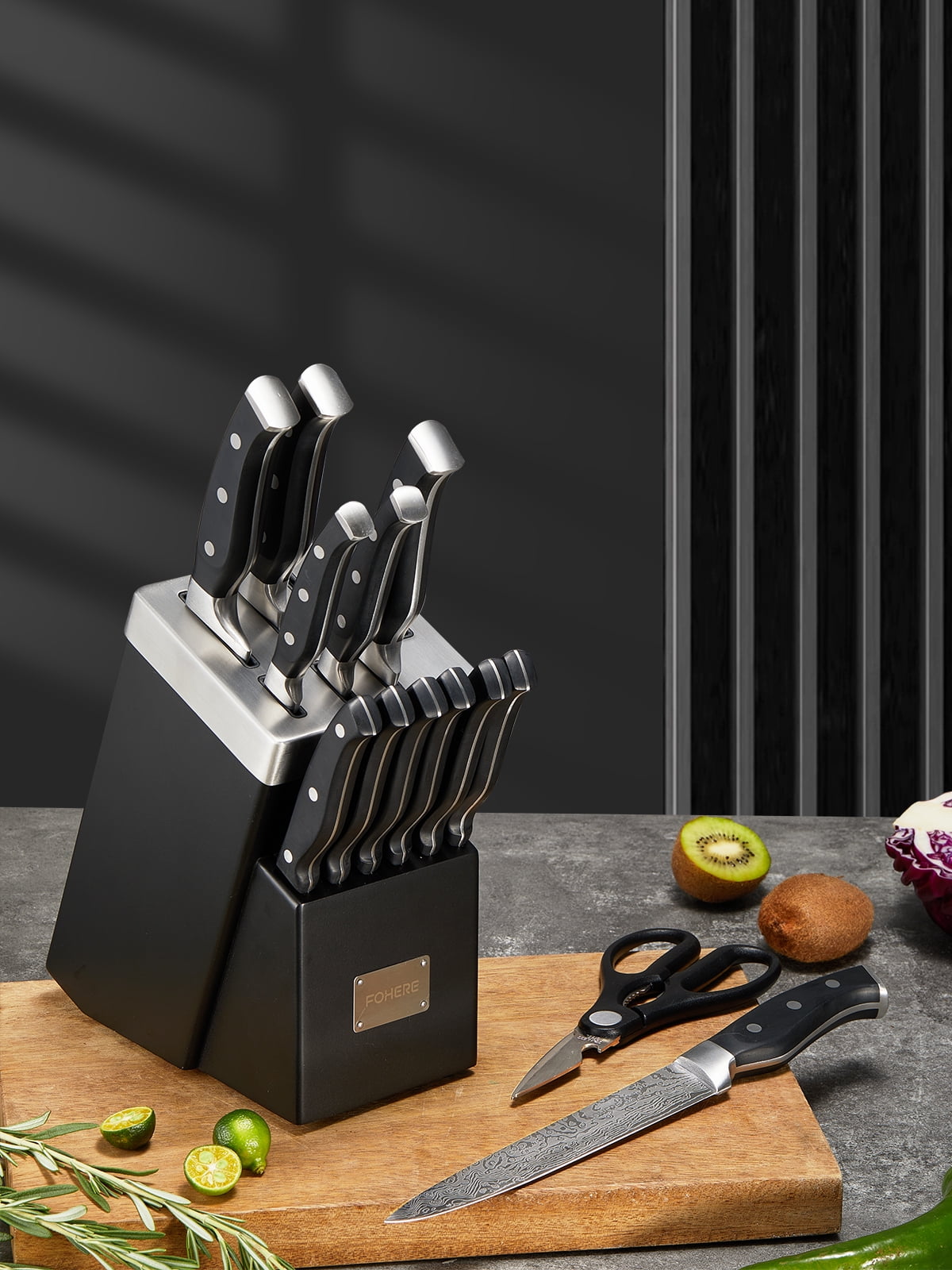 FOHERE 14 Pcs Knife Set with Self-sharpening , Waved Texture Stainless Steel Kitchen Knives, Black