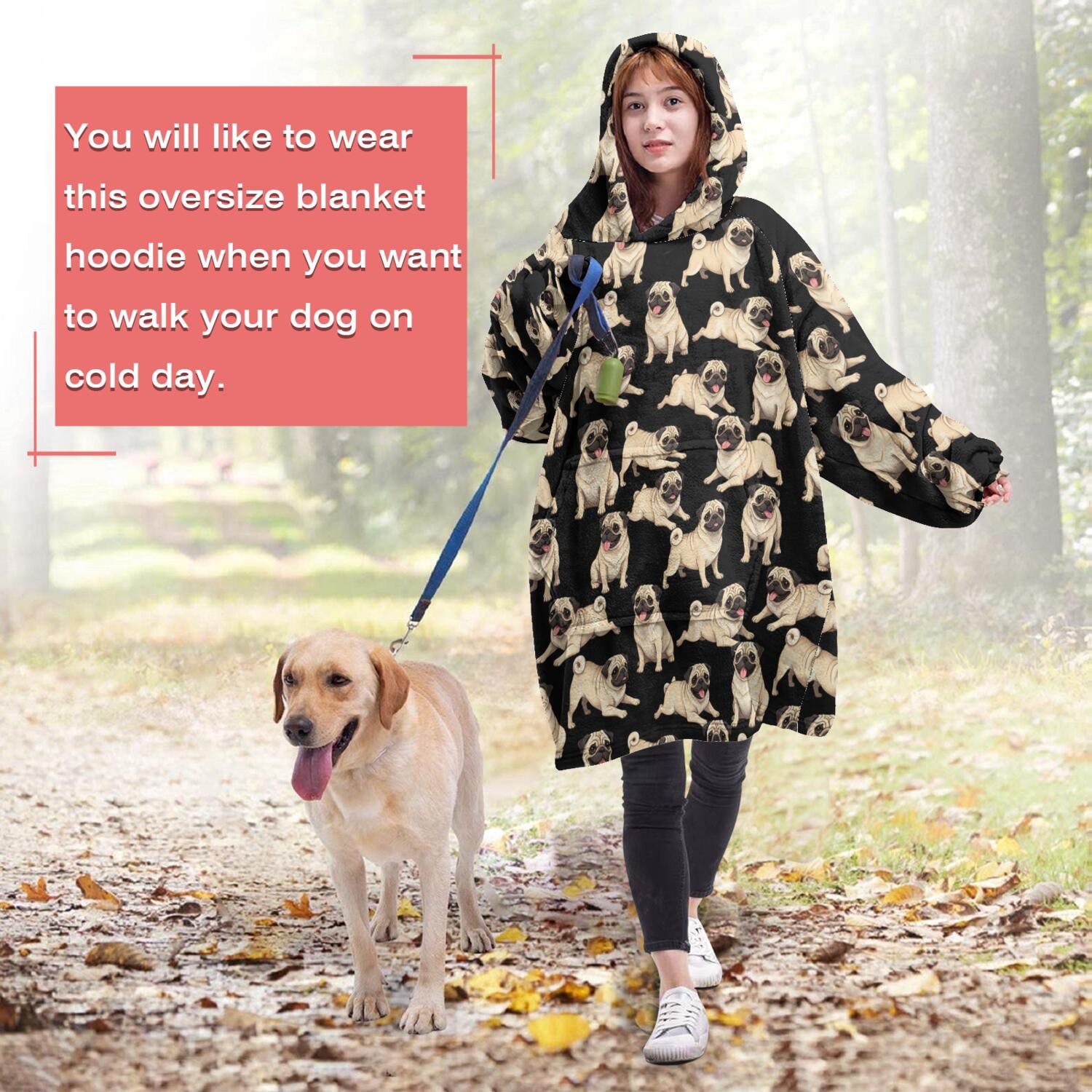 Wearable Blanket Hoodie,Pug Black Pattern Oversized Sherpa Blanket Hoodie with Super Pockets,Super Warm Fuzzy Pullover for Women & Men