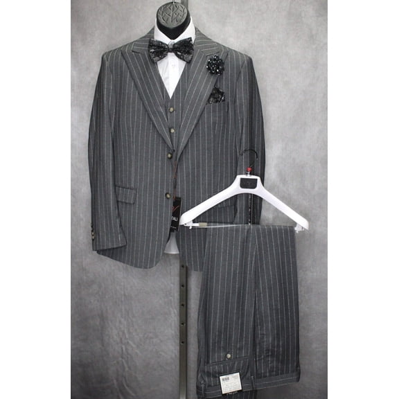 Mens Vitali Modern Fit Suit 3pc Grey Chalk Striped Formal Suit