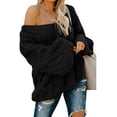 thumbnail image 1 of Women's Off Shoulder Long Sleeve V-Neck Ribbed Cable Pullover Sweaters Loose Fitting Jumper Tops, 1 of 6
