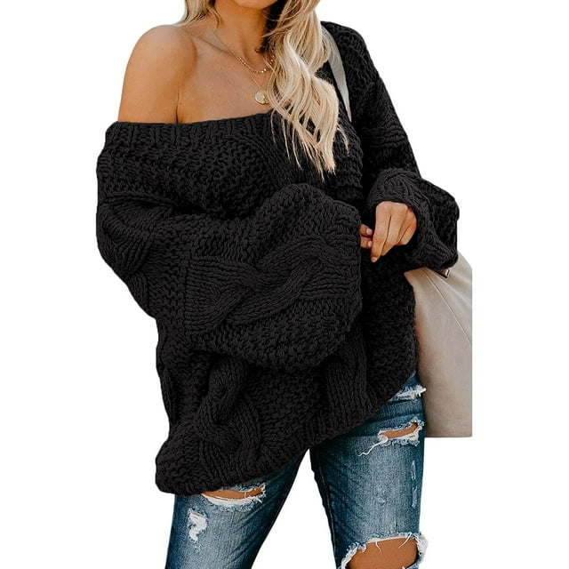 Women's Off Shoulder Long Sleeve V-Neck Ribbed Cable Pullover Sweaters Loose Fitting Jumper Tops