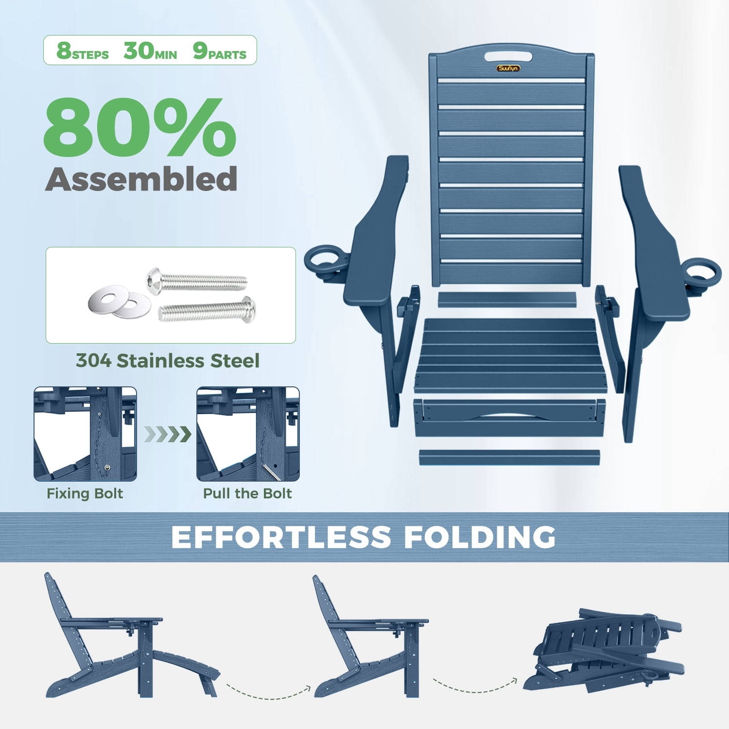 Folding Adirondack Chair with Ottoman Set of 2 HDPE Outdoor Chair Pull Out Footrest with 2 Cup Holders Garden Lawn Navy