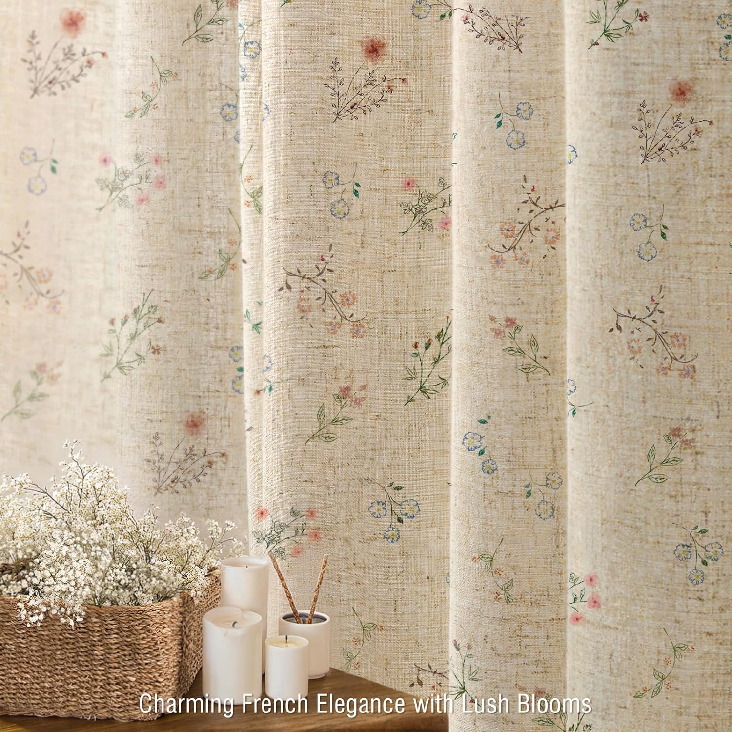 Psoiuetr Floral Farmhouse Vintage Linen Shower Curtain, French Country Shower Curtains for Bathroom with Tassels, 72Wx72H