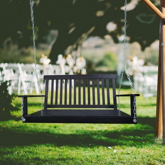 Black Solid Wood Front Porch Swing with Armrests Hanging Chains 800LBS Capacity for Outdoor Patio Garden Yard Backyard Sunroom Easy to Assemble