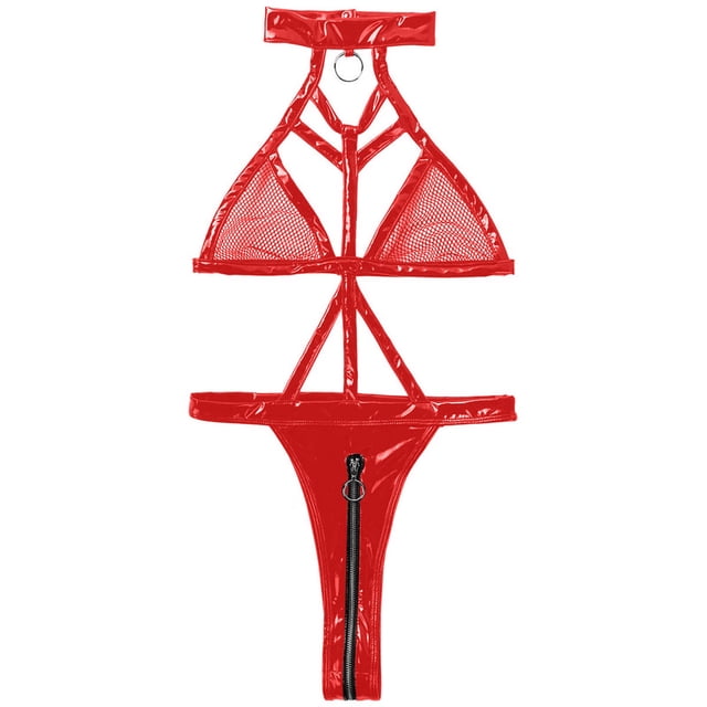 Lencería sexy de una pieza para mujer Ahueca hacia fuera la tentación Babydoll Ropa interior Ropa de dormir Malla de cuero de imitación Cremallera Ropa interior Fridja nalpqowj38869
