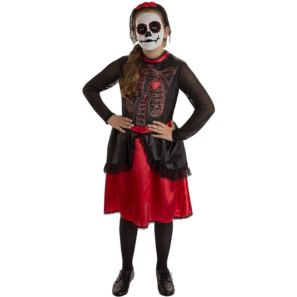 GIRLS SUGAR SKULL COSTUME CHILD DAY OF THE DEAD HALLOWEEN FANCY DRESS OUTFIT 