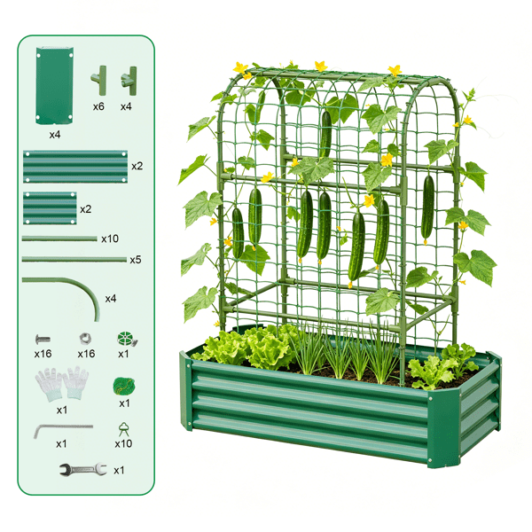 2 in 1 Raised Garden Bed with Trellis, 59" Tall Arch Planter Box for Climbing Plants, Outdoor Galvanized Metal Gardening Bed for Vegetables, Fruits, Flowers (Green, 4x2x1 Ft)