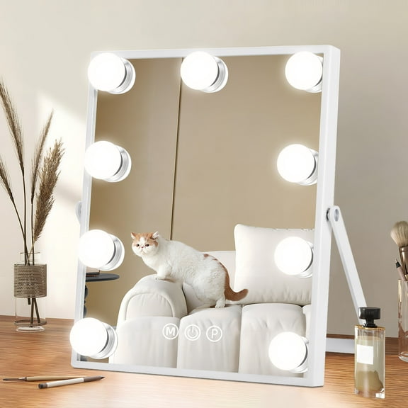 Hollywood Vanity Mirror with Lights, Light Up Makeup Mirror with 9 LED Bulbs, 3 Color Lighting Modes, U-Shaped Bracket, Smart Touch Control