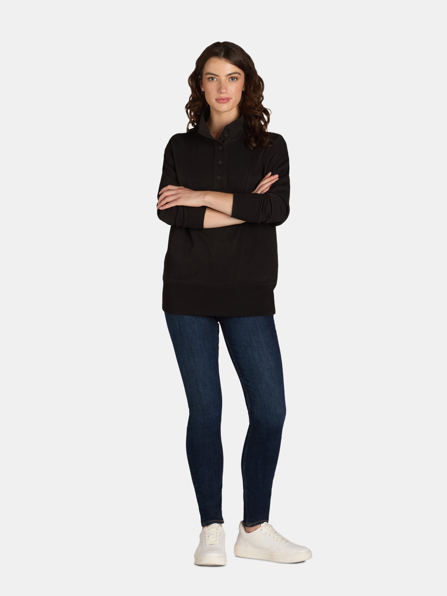 Time and Tru Women's Mock Neck Sweatshirt with Button Placket, Sizes XS-XXXL