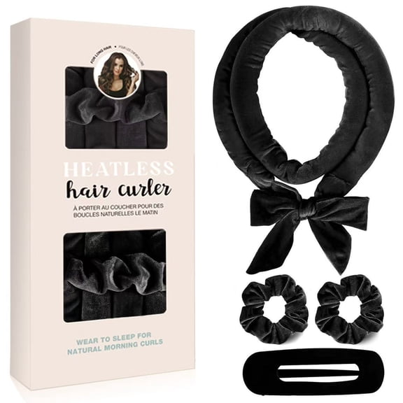 Sinkoo Heatless Curling Set, 59" No Heat Hair Rollers to Sleep in, Super Soft Ribbon Wrap for Long Hair, Black Curling Set with 2 Scrunchies and 1 Clip, All Hair Types