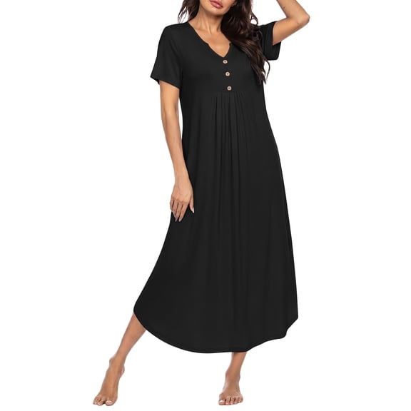 Ekouaer Nightgowns for Women Bamboo Viscose Long Night Gown Short Sleeve Moo Moos V Neck Sleep Shirts Pleated House Dress