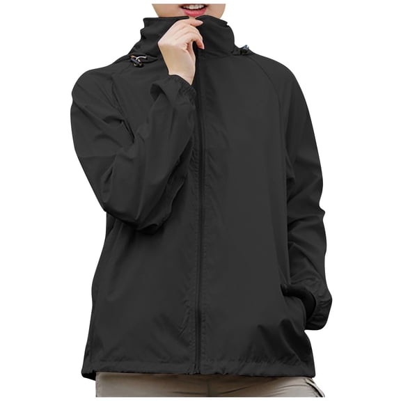 Wutalume Women's Solid Color Hooded Long Sleeve Jacket Lightweight Windbreaker Sun Protection Coat for Outdoor Hiking Running Sports,Black L