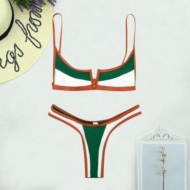 Trajes de baño Amzcrzy Tankini para mujer, trajes de baño, trajes de baño, bikini con control de abdomen, bikini para mujer, traje de baño de 2 piezas con espalda abierta y encaje a rayas, verde, M