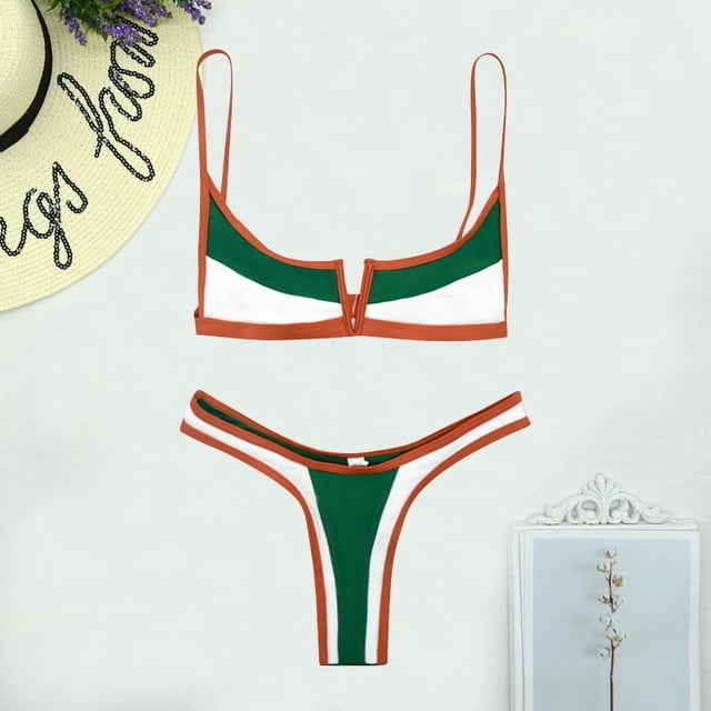 Trajes de baño Amzcrzy Tankini para mujer, trajes de baño, trajes de baño, bikini, bikini para mujer, conjunto de traje de baño de 2 piezas con espalda abierta y encaje a rayas, verde, S