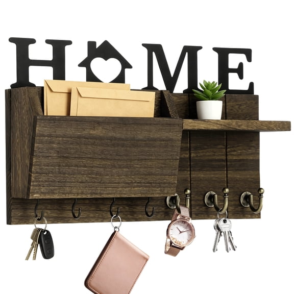 Key and Mail Holder for Wall, Wall Mount Key Holder, Rustic Farmhouse Mail Sorter with Shelf & 7 Hooks, Decorative Wooden Entryway Organizer for Hallway, Kitchen