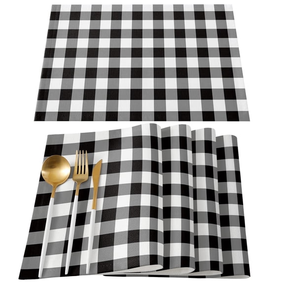 Black and White Checkered Placemats Set of 4, Farmhouse Buffalo Plaid Placemats for Dining Table, Place Mats for Kitchen Tabletop, Waterproof Wipeable Dining Table Mats Set