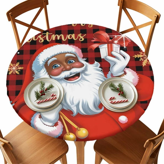 Christmas Round Tablecloth Black Santa Claus Tablecloths Elastic Edge Fitted Merry Christmas Snowflake Buffalo Plaid Table Cover,Waterproof Oil Proof for Dinner,Outdoor, Party