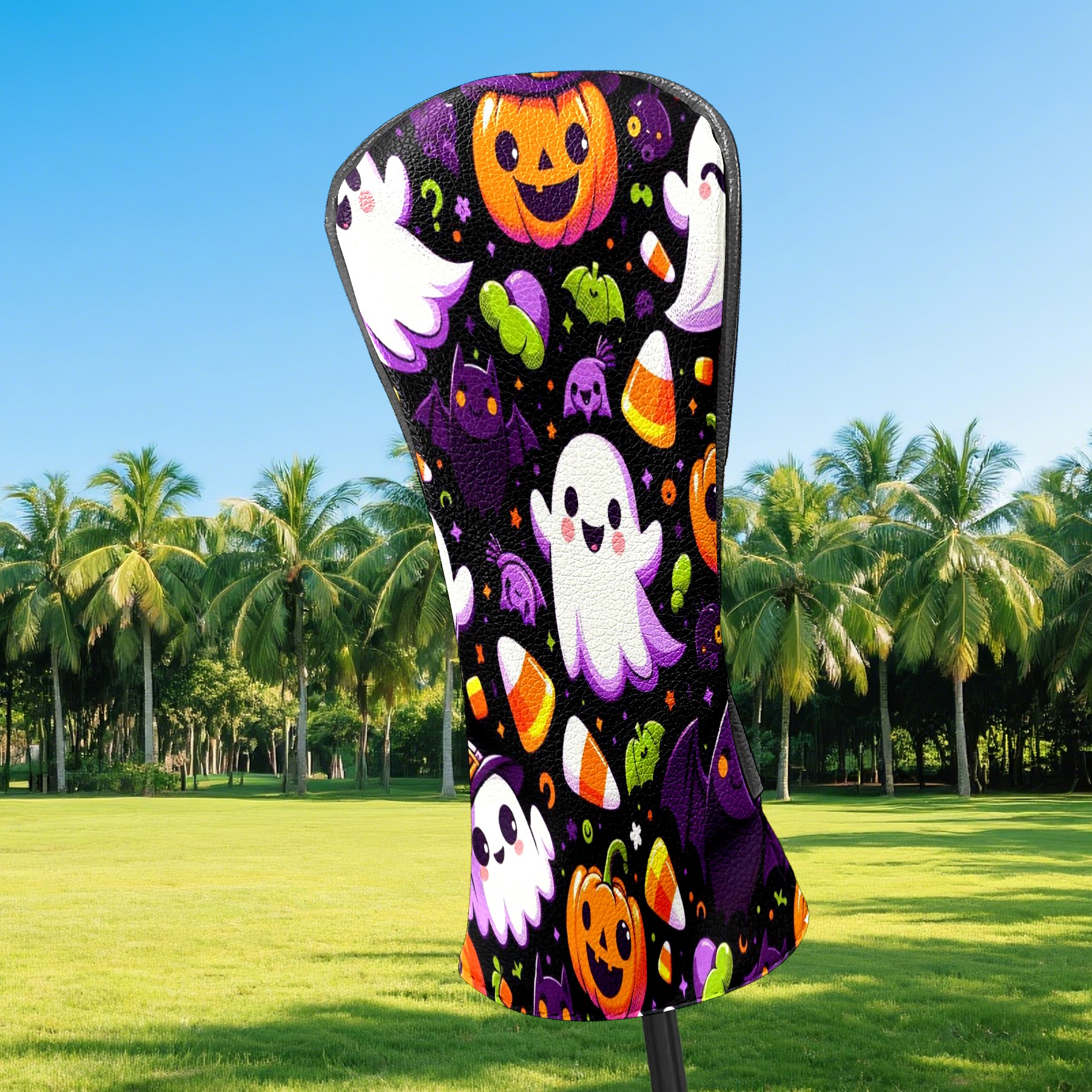 Golf Club Covers, Black Halloween Ghosts Premium PU Leather Driver Hybrid Putter Head Covers with Velvet Lining, Waterproof Golf Gifts for Men Women