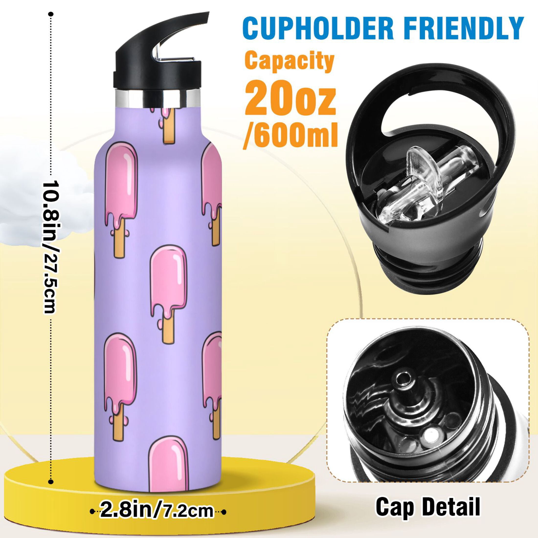 Kids Insulated Stainless Steel Sports Water Bottle 600ml Melting Ice Popsicle Pattern