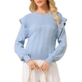 thumbnail image 1 of Suéter casual de manga larga con volantes para mujer INSPIRE CHIC, cuello redondo, de punto acanalado, otoño, talla 2XL, azul claro, 1 of 5