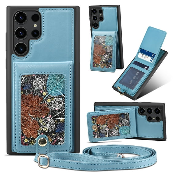 ELEHOLD Luxury Wallet Case for Samsung Galaxy S23 Ultra Fashion Leaf Pattern Design Flip Back Card Holders Magnetic Clasp Stand Function with Wriststrap Crossbody Strap Shockproof Purse Case,blue