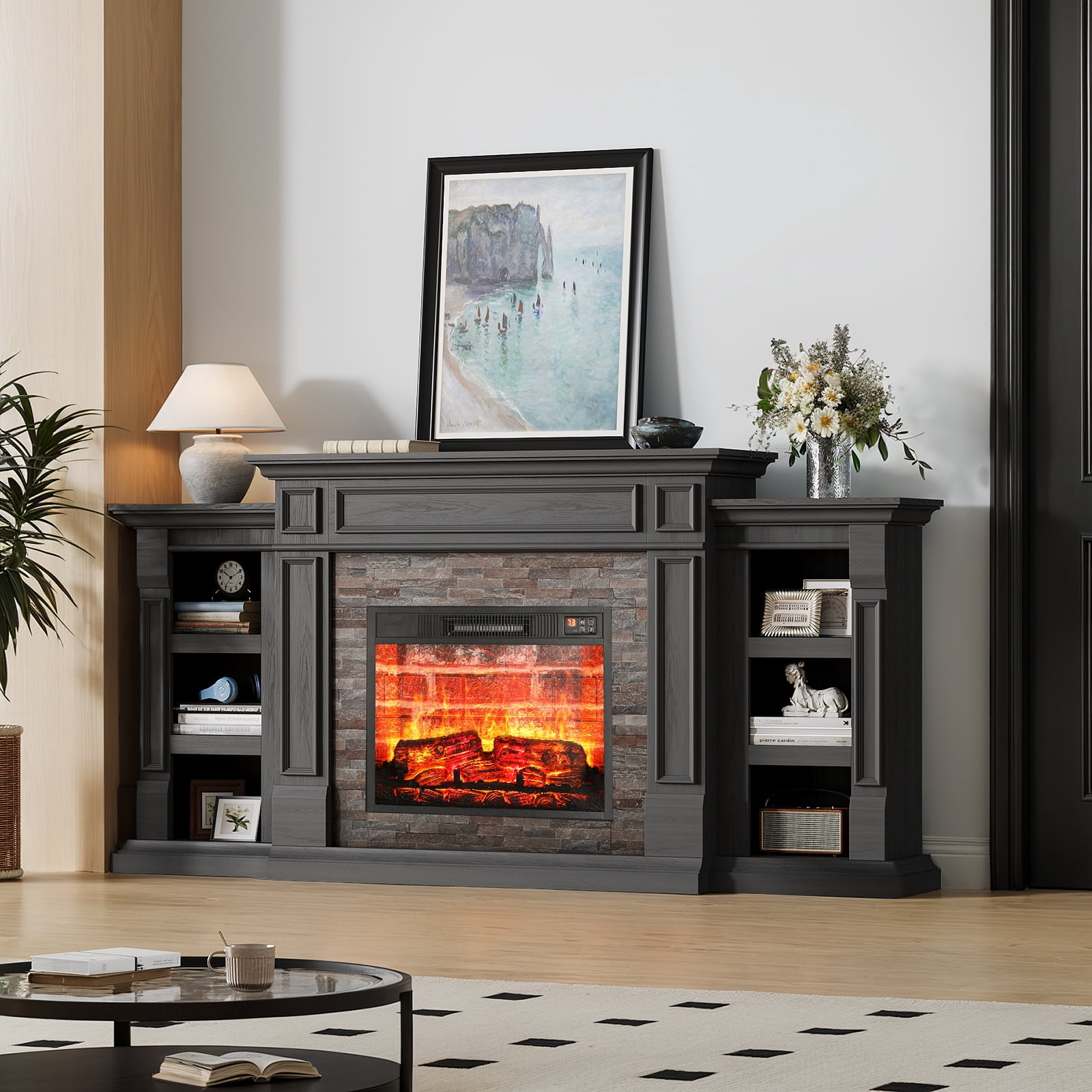 Holliwill 72" Electric Fireplace with Mantel, Farmhouse TV Stand for TVs up to 80", Entertainment Center with 23" Red Brick Fireplace Insert Heater for Living Room, Bedroom, Black