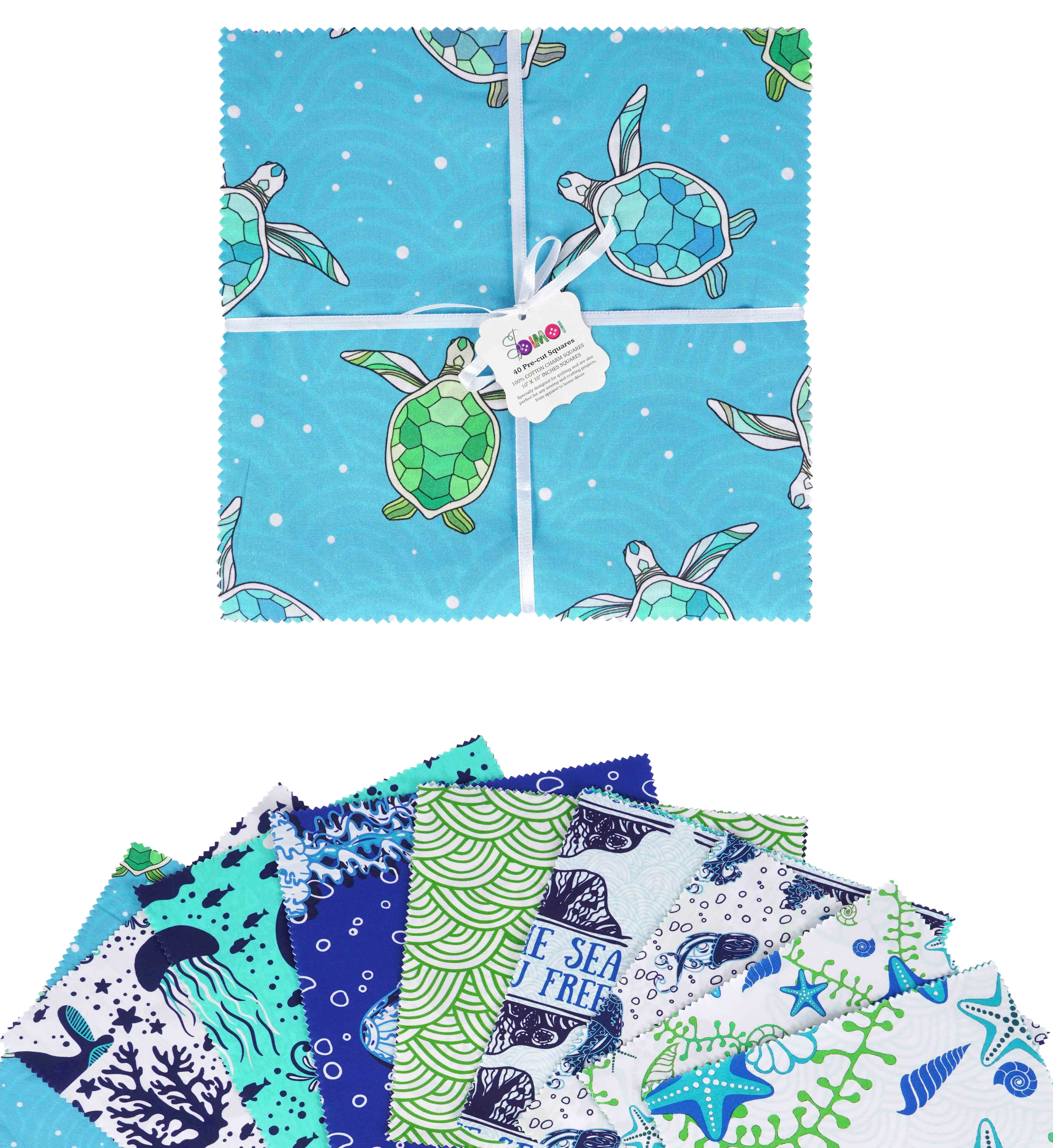 Soimoi Precut 10-inch Beach Ocean Prints Cotton Fabric Bundle Quilting Squares Charm Pack DIY Patchwork Sewing Craft- Blue