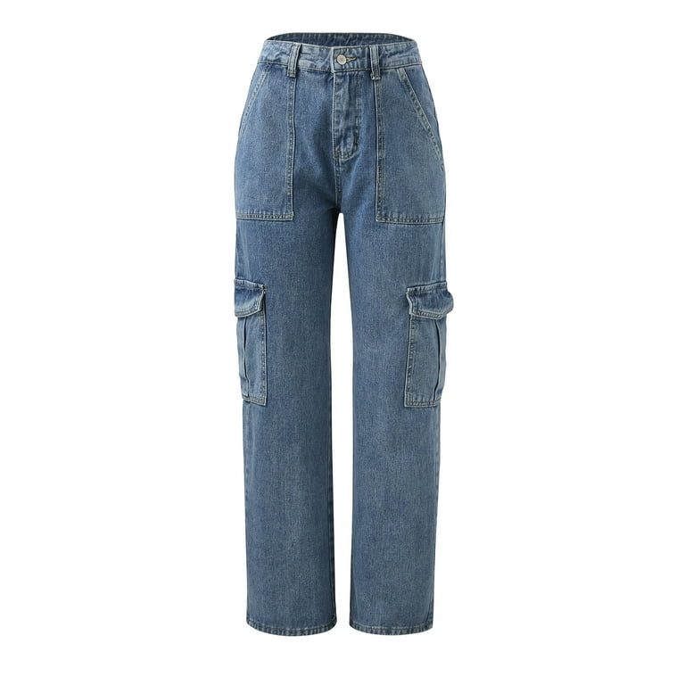 haxmnou womens pockets jeans trousers casual high waist street loose cargo  pants pockets jeans trousers blue xl 