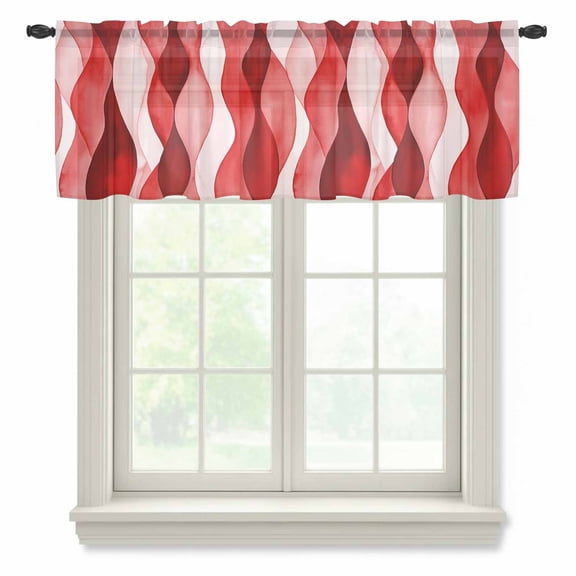 Red Striped Valance Curtains for Kitchen/Living Room/Bathroom/Bedroom Window, Rod Pocket Small Topper Half Short Window Curtains Voile Sheer Scarf, Modern Gradient Geometric Ripple Stripes 42"x12"