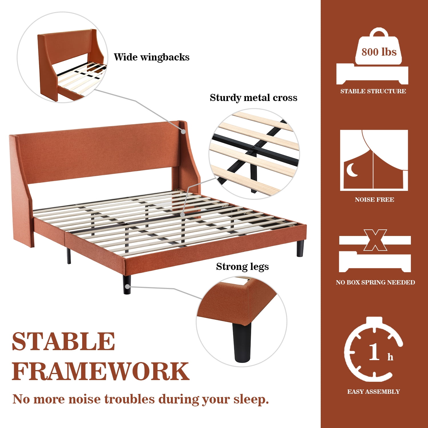 Allewie King Size Fabric Upholstered Platform Bed Frame with Wingback Headboard, Burnt Orange