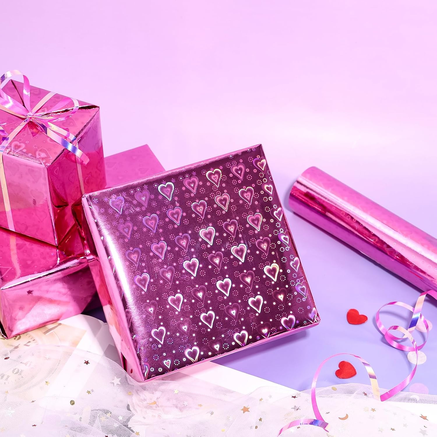 Pink Holographic Wrapping Paper Roll, Shiny Heart Pattern Metallic Foil for Valentines, Wedding, Anniversary, Birthday & Party Celebrations, Mini Roll 17 in x 32.8 ft