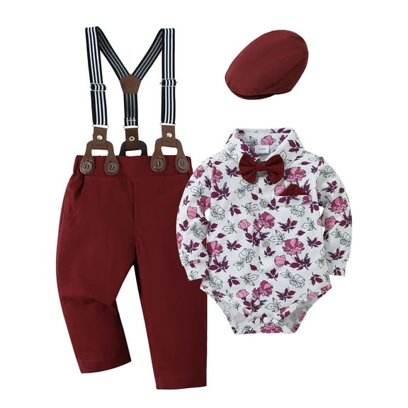 CARETOO Newborn Baby Boy Clothes Wedding Outfit Formal Flower Shirt Suspender Pants Hat Tie 4pcs
