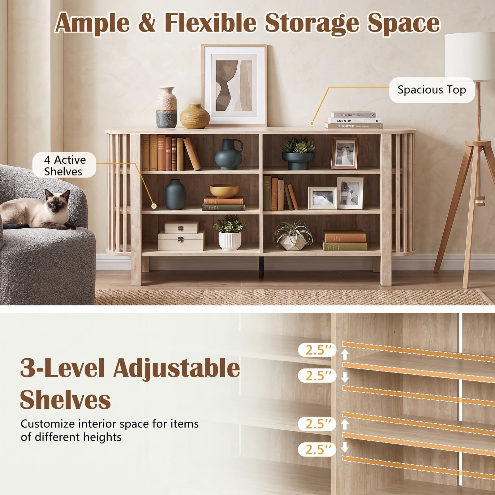 Furnibear 59 Inch TV Stand for TVs Up to 55 Inches, Wood Entertainment Center Media Console Table with 3 Adjustable Shelves and Slatted Sides for Living Room, Natural