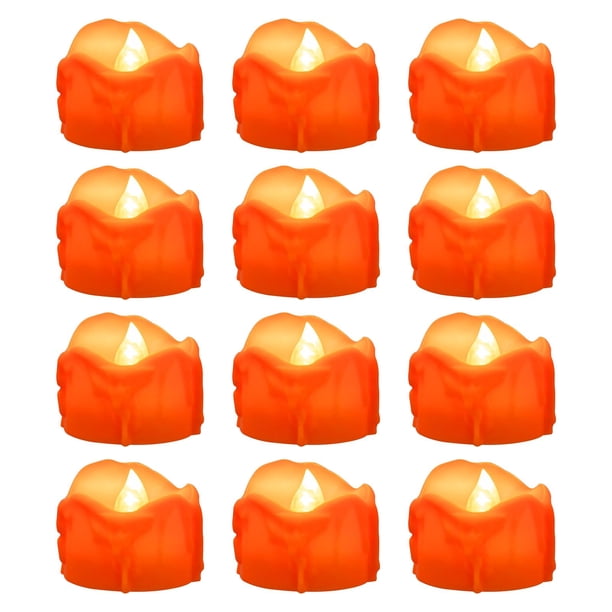Velas de té naranjas con temporizador, diseño de fusión (plástico), velas de té LED sin llama que funcionan con pilas para fiestas, paquete de 12