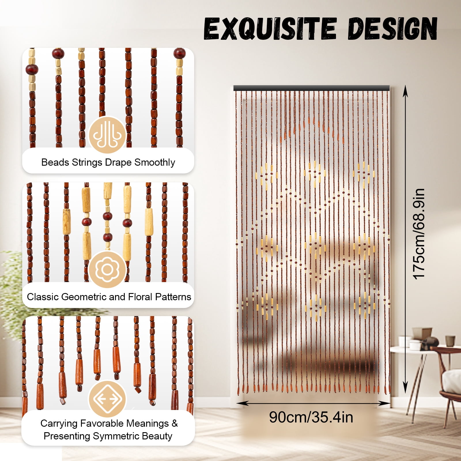 Door String Curtains, 32 Line Porch Drape Fly Curtain Wooden Bead Curtains Room Divider Blind for Bedroom Decorative