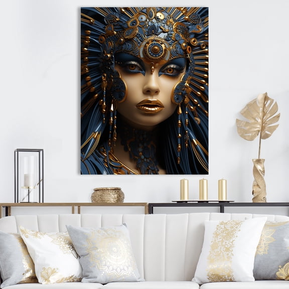 Designart "Portrait of Queen Nefertiti of Egypt in Gold & Black III" Fashion Canvas Wall Art - Glam Gold Woman African American Entryway Wall Art