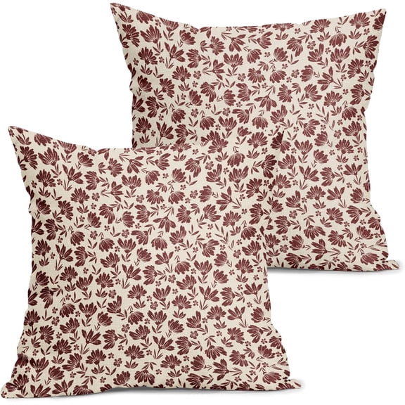 Daisy Floral Block Print Pillow Covers 16X16 Inch Burgundy Beige Flowers Decorative Square Pillow Cases Set of 2 Farmhouse Home Decor Vintage Rustic Cute Throw Pillows for Sofa Couch Outdoor